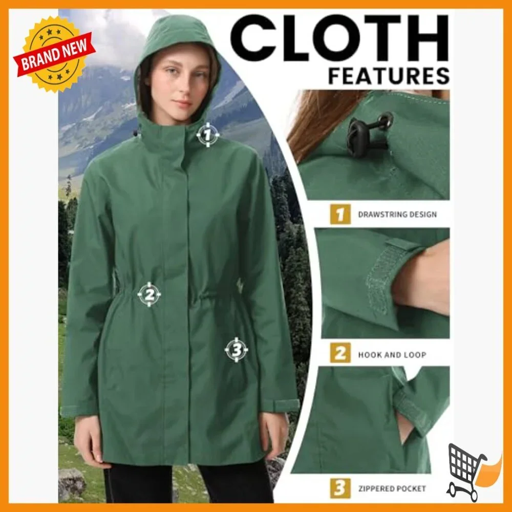 Women's Waterproof Trench Coat Packable Hooded Rain Jacket Outdoor